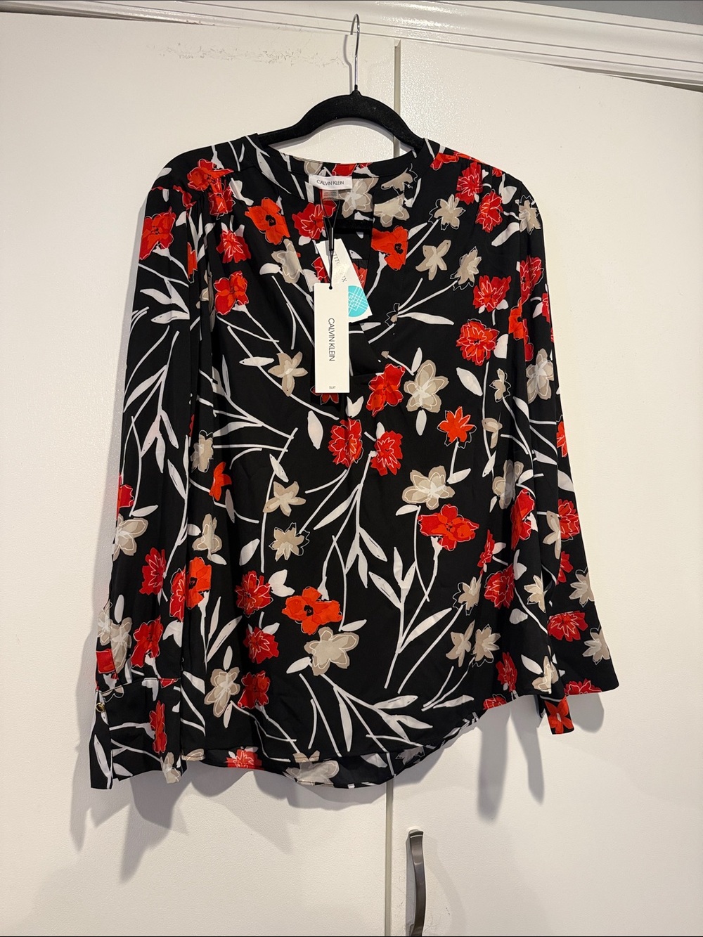 Calvin Klein Black Floral Long-Sleeve Blouse - Red & Cream Flowers